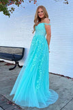 Off the Shoulder Blue A Line Lace Appliques Prom Dresses, Formal Evening Dresses OK1989