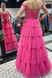 Off the Shoulder Hot Pink High Low Prom Dresses, Formal Evening Dresses OK1960