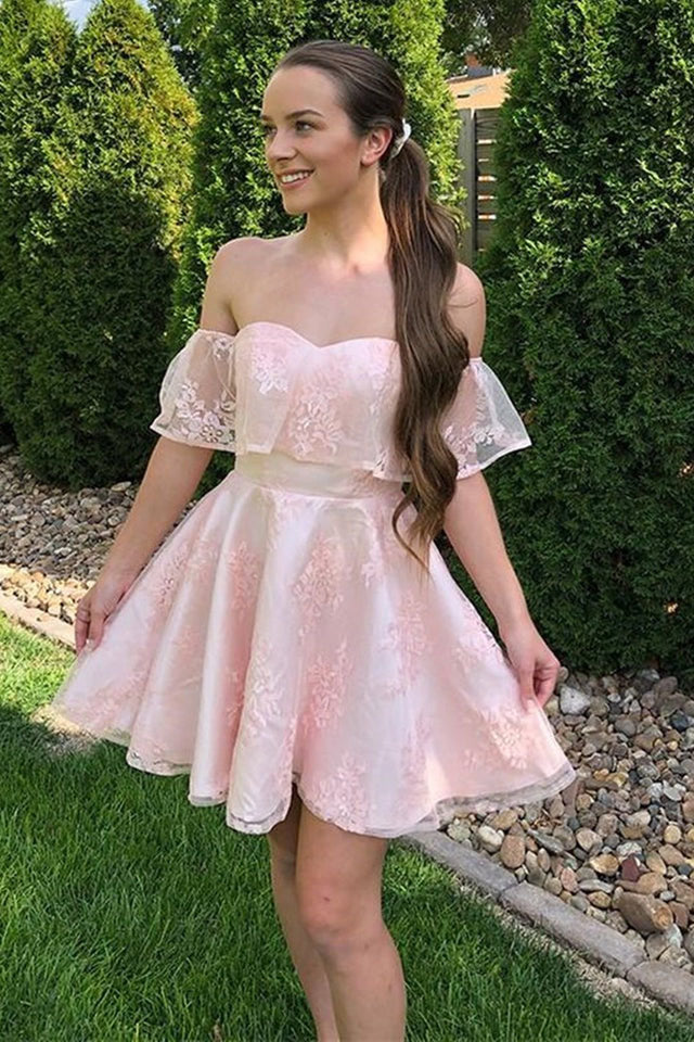 Off the Shoulder Pink Lace Short Prom Dress  A Line Pink Homecoming Dress OK1521