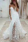 Charming Off the Shoulder A-line Lace Beach Long Wedding Dresses With Slit OK1928