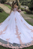 Off the Shoulder White Lace Appliques Tulle Long Prom Dress Formal Evening Dress White Ball Gown OKZ23