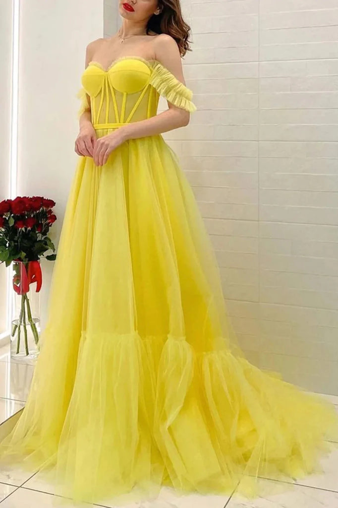 A Line Off the Shoulder Yellow Tulle Long Prom Dresses, Formal Evening Dresses OK1919