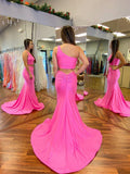 One Shoulder Two Pieces Hot Pink Long Prom Dress Formal Graduation Evening Dress OK1296