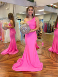 One Shoulder Two Pieces Hot Pink Long Prom Dress Formal Graduation Evening Dress OK1296