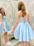 Corset Back Light Blue A Line Satin Short Prom Homecoming Dresses with Belt OK1744