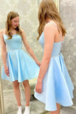 Corset Back Light Blue A Line Satin Short Prom Homecoming Dresses with Belt OK1744