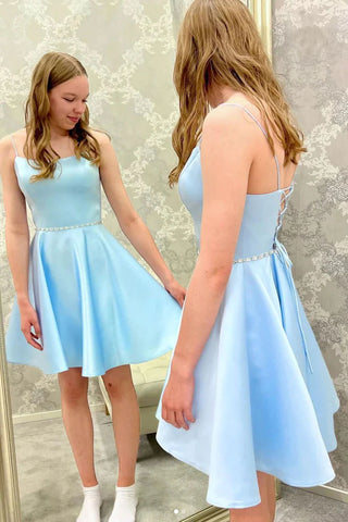 Corset Back Light Blue A Line Satin Short Prom Homecoming Dresses with Belt OK1744