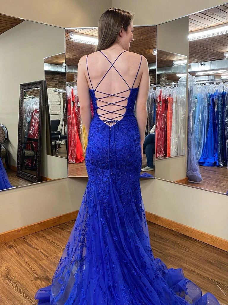 Mermaid Royal Blue Lace Long Prom Dresses, Blue Lace Formal Evening Dresses OK1721