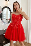 Red Lace Appliques Tulle Short Prom Dresses, Spaghetti Straps  Homecoming Dresses OK1711