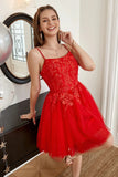Red Lace Appliques Tulle Short Prom Dresses, Spaghetti Straps  Homecoming Dresses OK1711