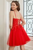 Red Lace Appliques Tulle Short Prom Dresses, Spaghetti Straps  Homecoming Dresses OK1711