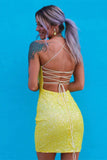 Criss Cross Back Short Yellow Prom Dress Bodycon Formal Homecoming Dress OK1663