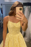 Yellow Lace Appliques Aline Tulle Long Prom Dress Formal Evening Dress OK1416
