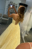 Yellow Lace Appliques Aline Tulle Long Prom Dress Formal Evening Dress OK1416