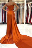 Orange Mermaid Satin Off-the-Shoulder Prom Dresses, Long Formal Evening Dresses OK2008