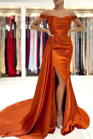 Orange Mermaid Satin Off-the-Shoulder Prom Dresses, Long Formal Evening Dresses OK2008