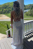 Mermaid White Sequins Long Prom Dress with Slit Formal Evening Dresses OK1891
