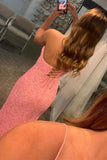 Spaghetti Straps Pink Sequined Long Formal Prom Dress With Slit Evening Dresses OK1696