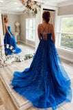 Princess A-Line Royal Blue Lace Appliques Tulle Prom Dress Long Formal Dress OK1235