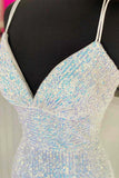 Silver Sequin V-Neck Empire Mermaid Long Prom Dress Evening Dresses OK2027