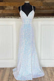 Silver Sequin V-Neck Empire Mermaid Long Prom Dress Evening Dresses OK2027