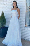 White Sequin Straps Lace-Up Back A-Line Prom Dress Formal Evening Dresses OK2026