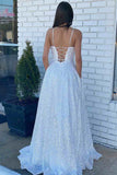 White Sequin Straps Lace-Up Back A-Line Prom Dress Formal Evening Dresses OK2026