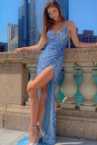 Spaghetti Straps Blue Sequin Mermaid Prom Dress With Side Slit OK1335