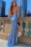 Spaghetti Straps Blue Sequin Mermaid Prom Dress With Side Slit OK1335