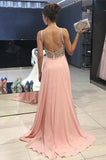 Cheap Peach Chiffon Beading Straps Long A-line Prom Dress OKG31