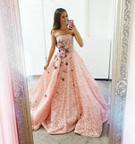 Strapless Pink Lace Long Ball Gowns with Floral Embroidery Cheap Prom Dresses OKJ33