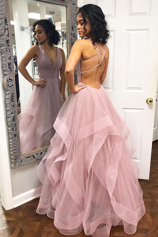 Sexy Deep V Neck Ruffles Pink Long Prom Dresses with Criss Cross Back OKI41