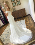 Beautiful Lace Mermaid Wedding Dress Off the Shoulder Lace Up Back Bridal Dress OKV36