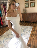 Beautiful Lace Mermaid Wedding Dress Off the Shoulder Lace Up Back Bridal Dress OKV36