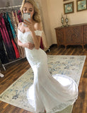 Beautiful Lace Mermaid Wedding Dress Off the Shoulder Lace Up Back Bridal Dress OKV36