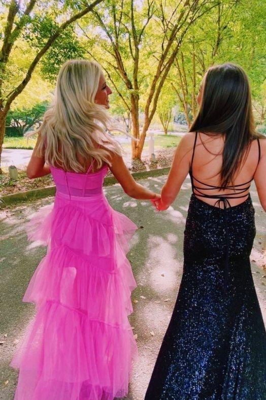 Fashion Hot Pink A Line Tulle Long Prom Dress Layered Ruffles Evening Gown OK1255