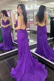 Purple V Neck Backless Sequins Long Prom Dresses, Formal Evening Dresses OK1916