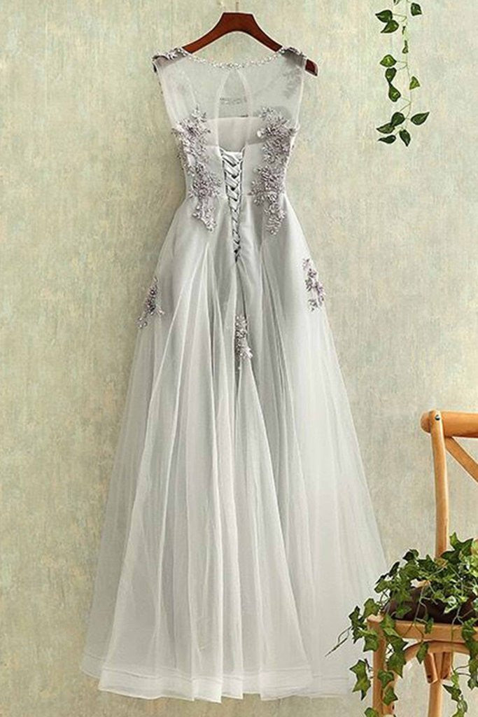 Gray tulle round neck a line lace applique see-through long prom/evening dress OK194