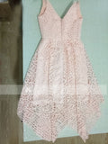 Navy Blue/Pink Deep V-neck Spaghetti Straps Sleeveless Asymmetry Lace A-line Bridesmaid Dresses OK236