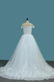 New Arrival Off The Shoulder A Line Wedding Dress Tulle With Applique Sweep Train OKE71