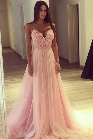 A Line Spaghetti Straps Pink Tulle Long Prom Dresses OKE87