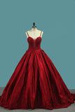 Burgundy Spaghetti Straps Beading Prom Dresses, Princess Ball Gowns OKJ7