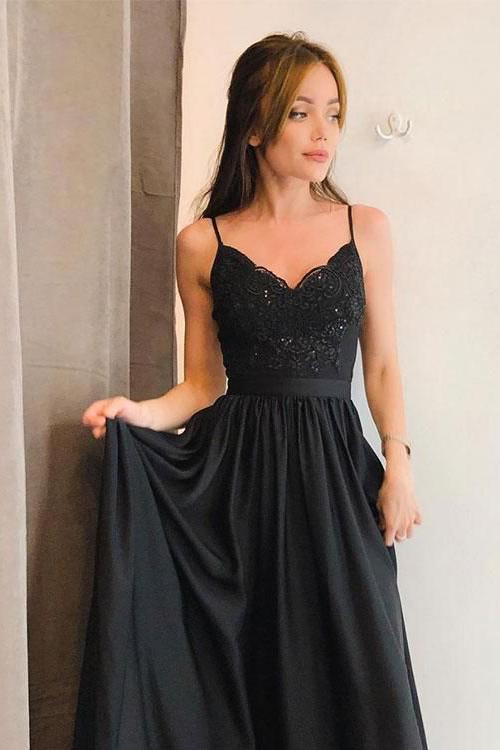 Stunning A-line Spaghetti Straps Long Black Prom Dresses with Split OKJ63