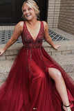 Sexy Burgundy Long Prom Dress with Beading Popular School Dance Dress OK1104