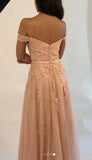 Off Shoulder Tulle Long Prom Dress with Applique and Beading School Dance Dress Formal Evening Dress OK1147