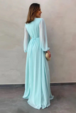 A Line V-Neck Long Sleeves Long Chiffon Prom Dress With Split OK1081