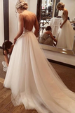 Backless A Line Spaghetti Straps Tulle Beach Wedding Dress Fashion Custom Made Bridal Dress OK1090
