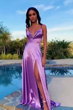 Pretty Purple A Linbe Long Split Silk Satin Prom Dress Evening Dress OK1559