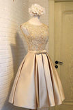 Light Gold Satins Lace Round Neck Homecoming Dresses With Bownot OK342