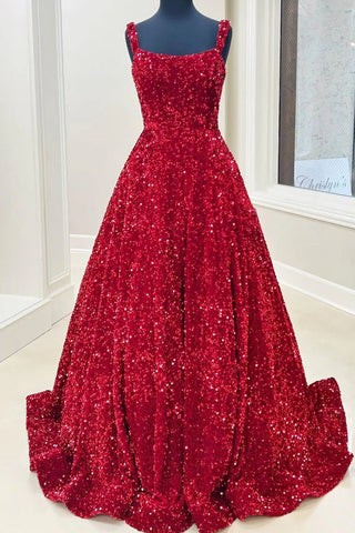 A line Red Square Neck Sequin Long Prom Dresses, Formal Evening Dresses OK2003